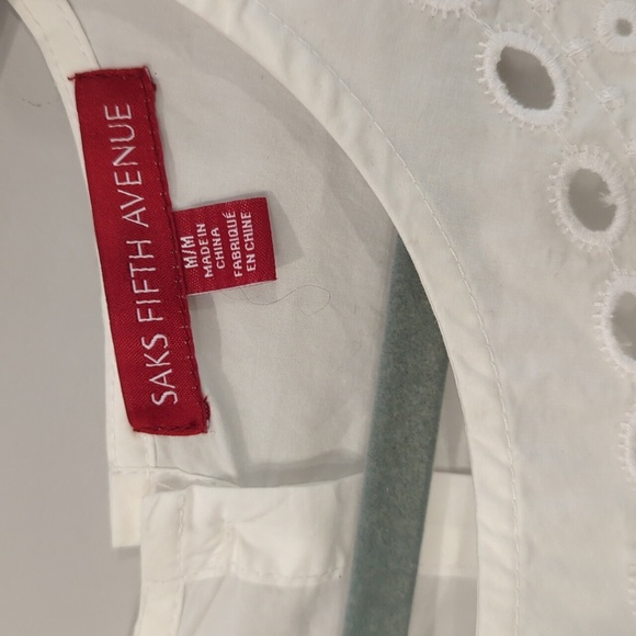 Saks Fifth Ave White Cotton Tie Front Blouse Top Embroidered Button Back size M - Picture 4 of 11